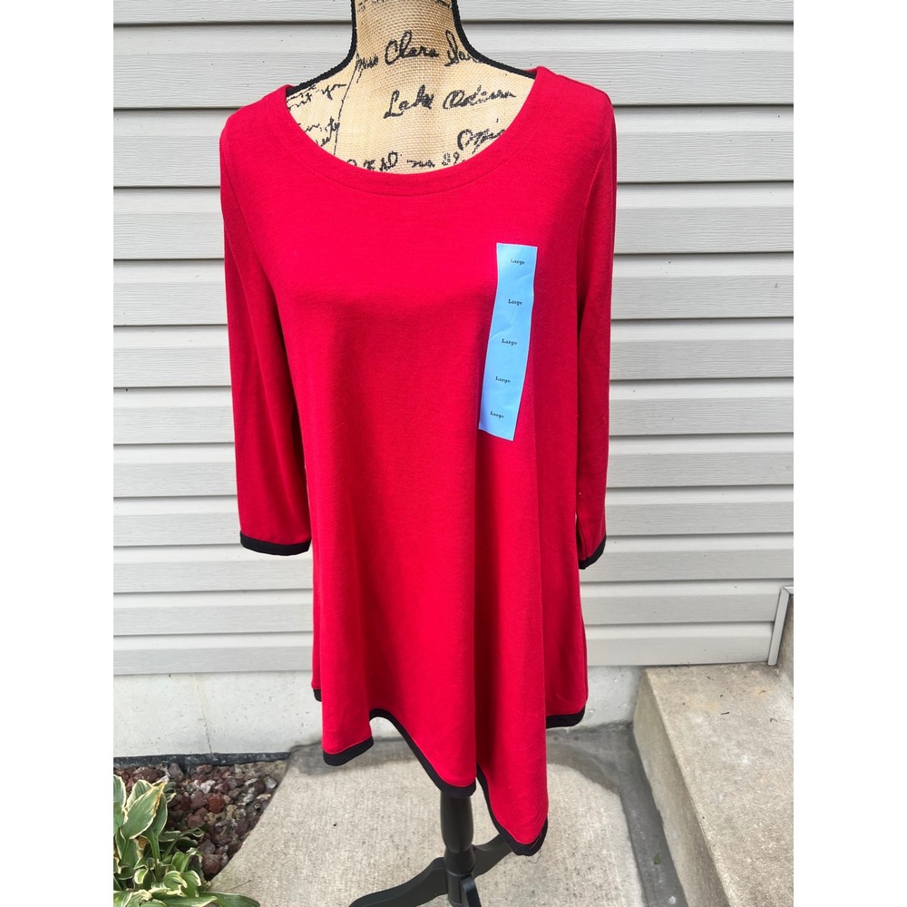 Chelsea & Theodore Red Asymmetrical Sharkbite Tunic Top Black Trim Large NWT